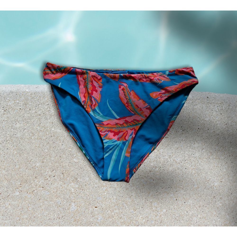 mynah for J.C. Penney Slight High Leg Bikini Bottom Blue Tropical Print Large